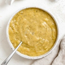 completed Easy Vegan Gravy in a bowl against a light surface