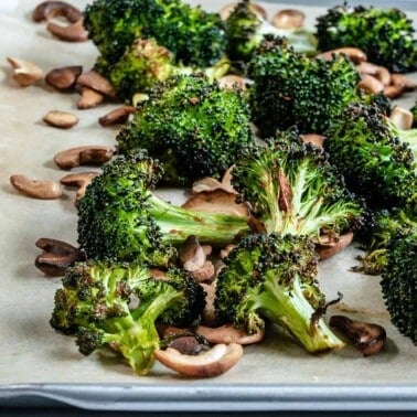 finished Roasted Curried Broccoli on parchment paper