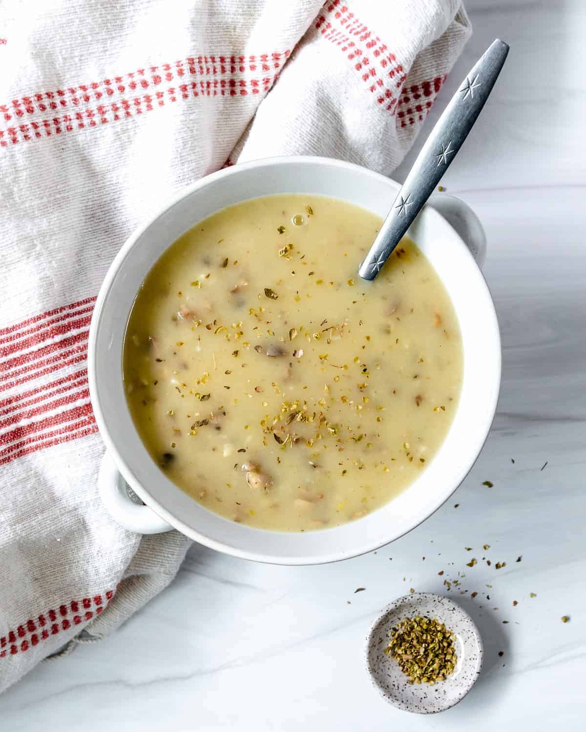 completed bowl of mushroom gravy against a white background