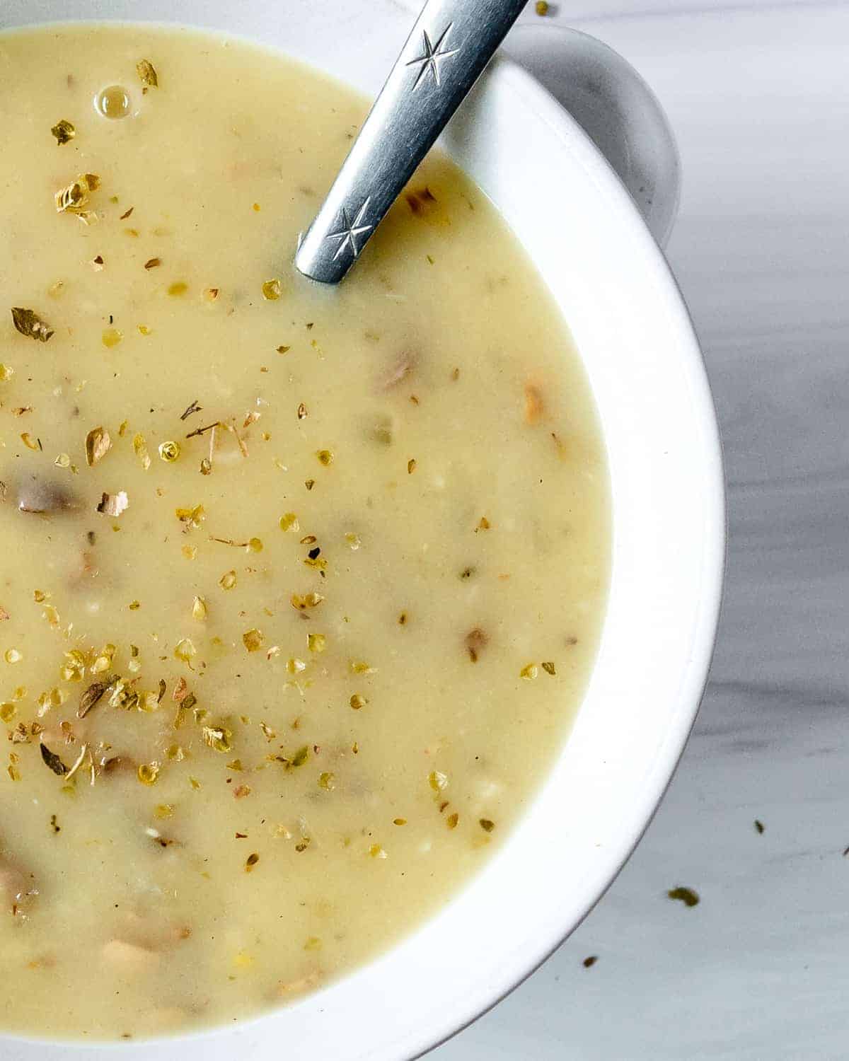 completed close up bowl of mushroom gravy against a white background