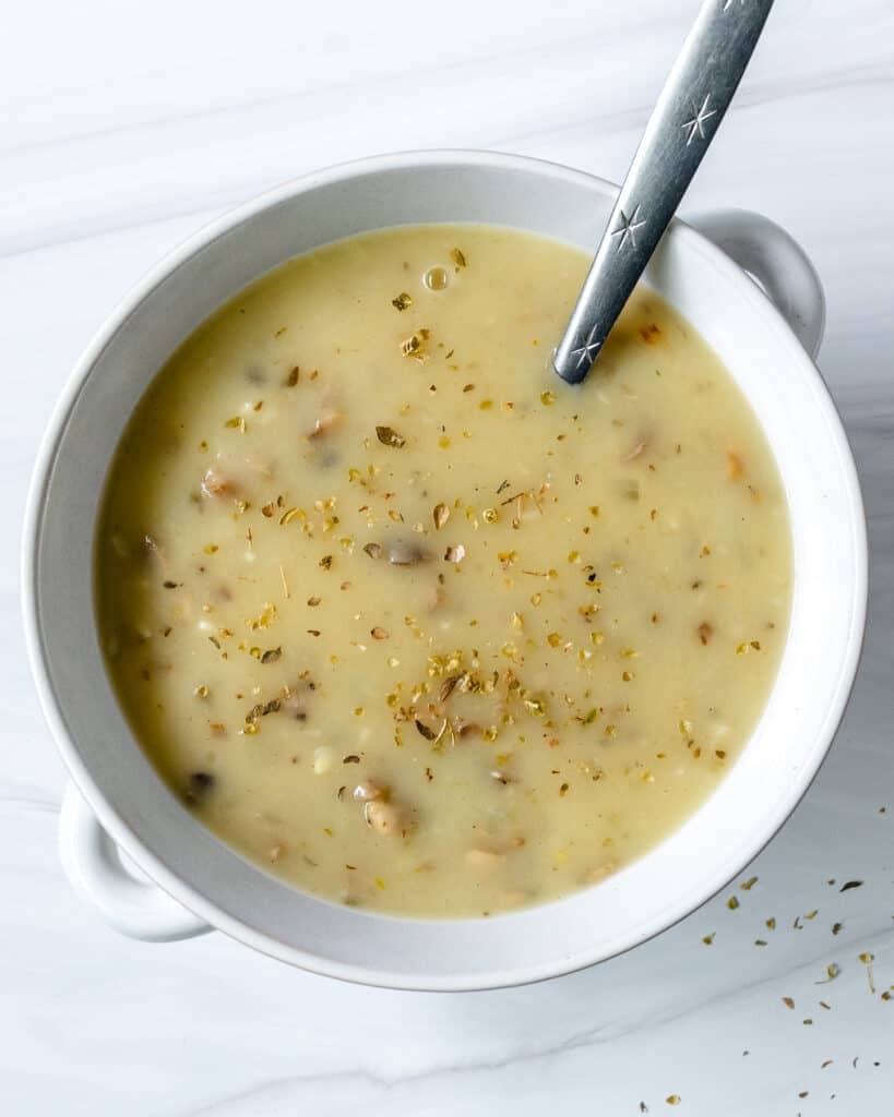 completed bowl of mushroom gravy against a white background