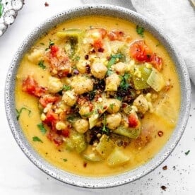 finished Coconut Curry Soup in a white bowl