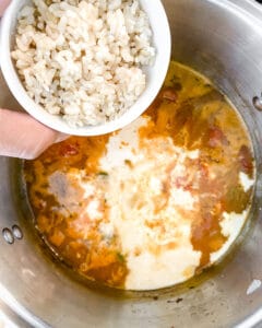 process showing adding rice to bowl of wet ingredients