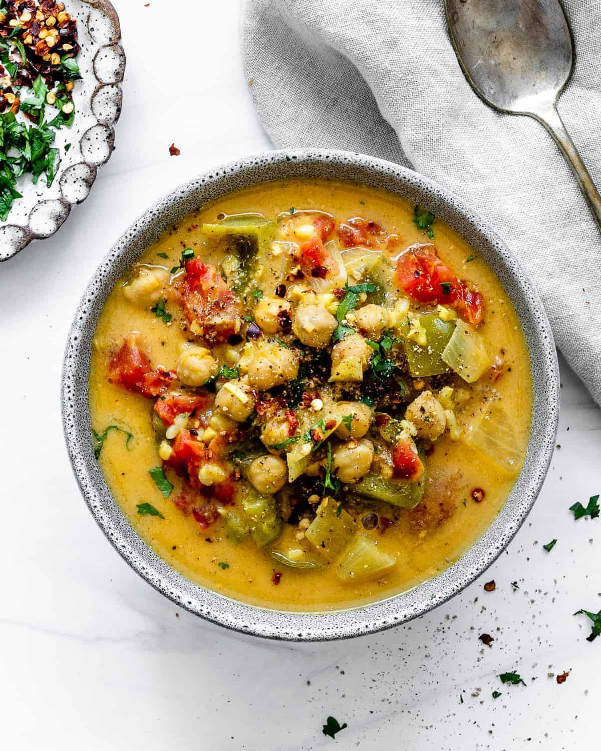 finished Coconut Curry Soup in a white bowl