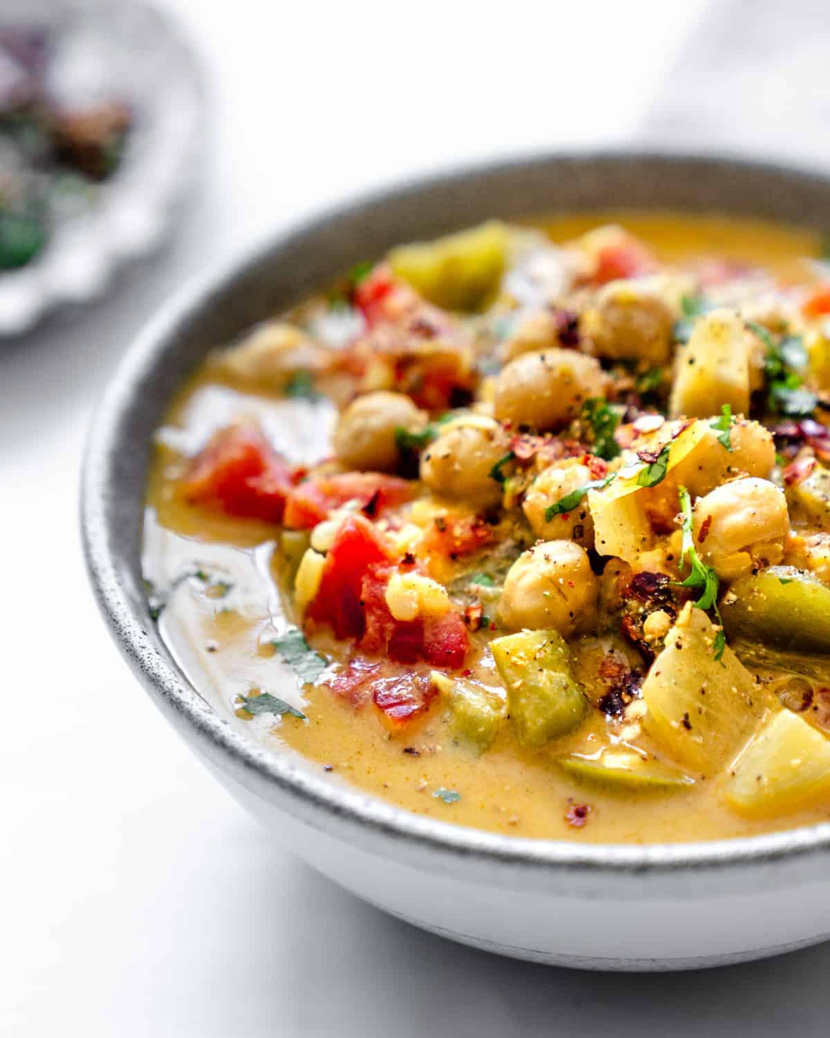 finished Coconut Curry Soup in a white bowl