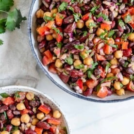 completed mixed bean salad in serving bowl and individual bowl against a white background