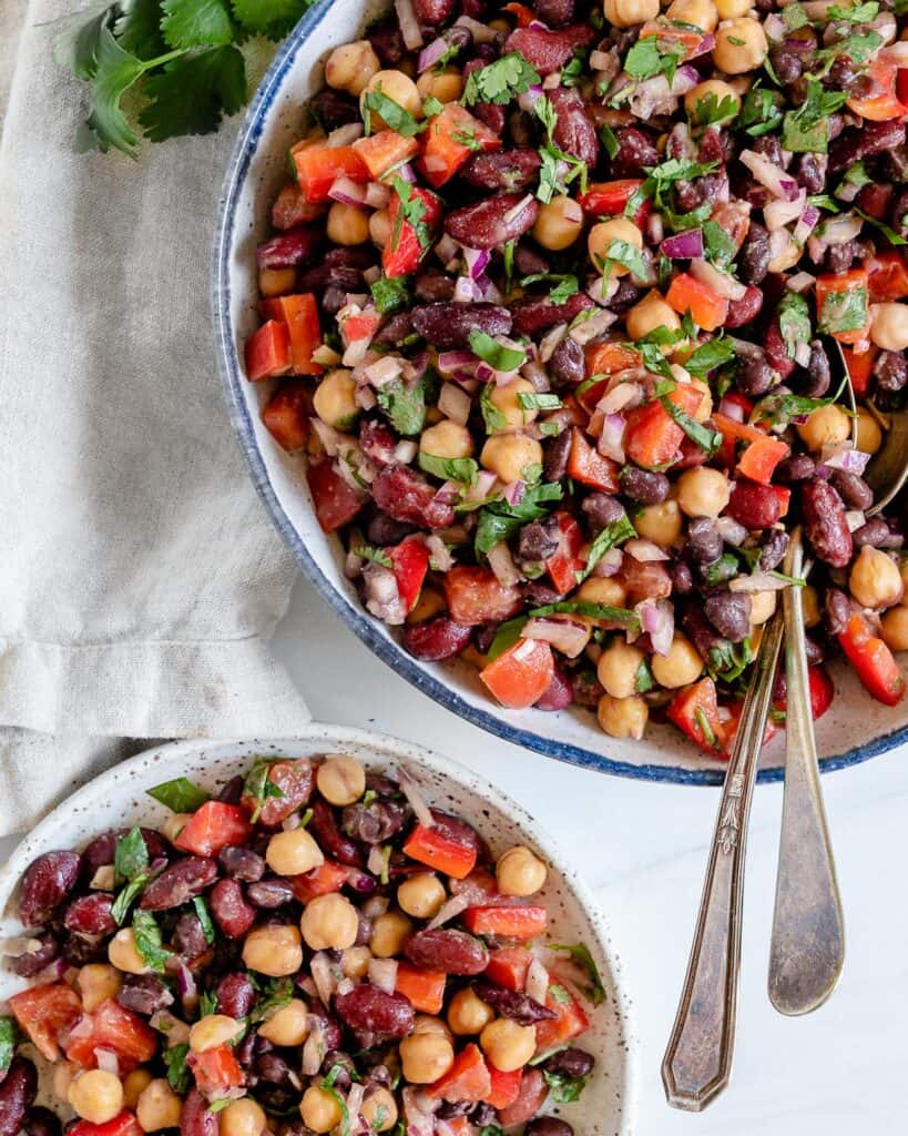 completed mixed bean salad in serving bowl and individual bowl against a white background