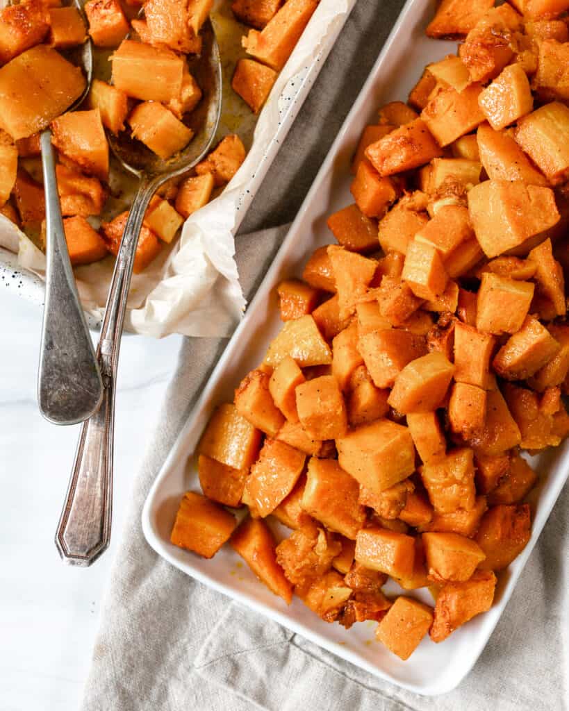 finished butternut squash on a baking dish