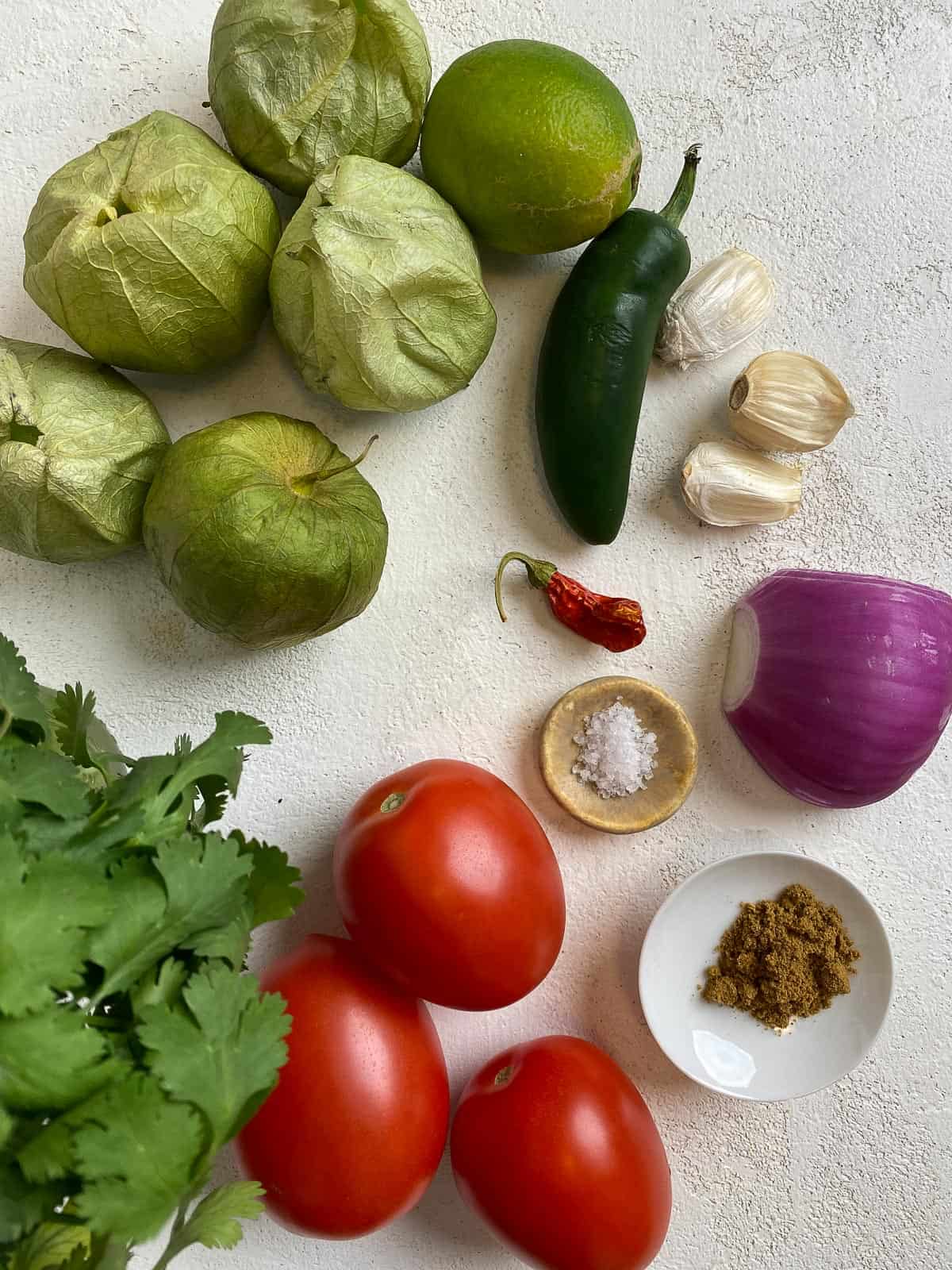 ingredients for Stovetop Tomatillo Salsa spread out on a white surface