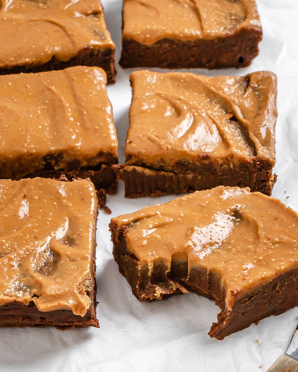 close up of Sweet Potato Brownie mixture with a bite missing from one brownie