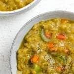 completed Vegan Split Pea Soup in a white bowl against a white surface