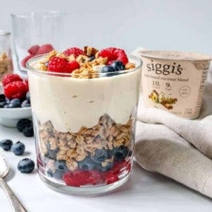 non-dairy yogurt parfait layered in a glass.