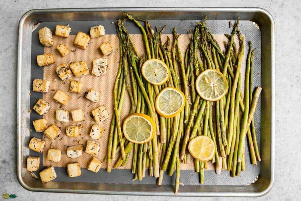 Sheet Pan with some cubed tofu, asparagus and lemon