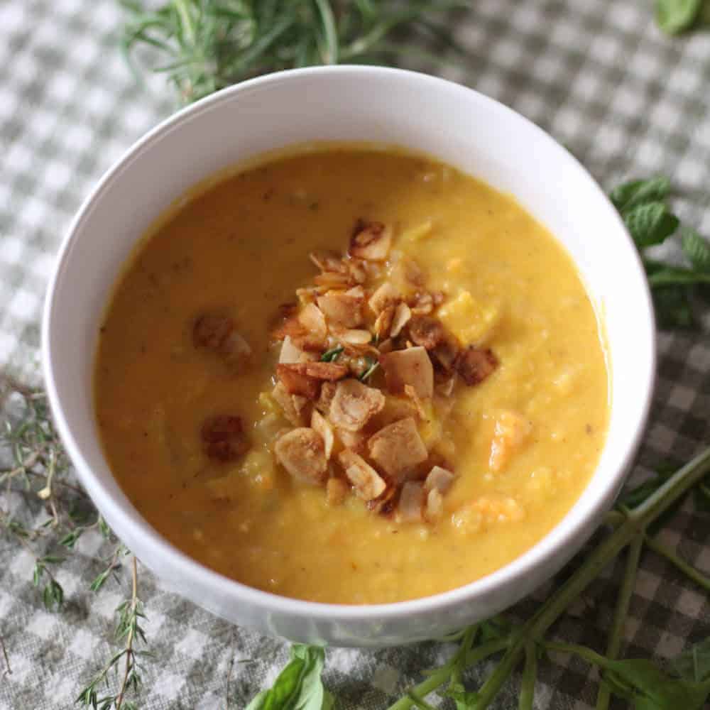 finished squash soup in a white bowl