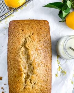 completed lemon loaf against a white background