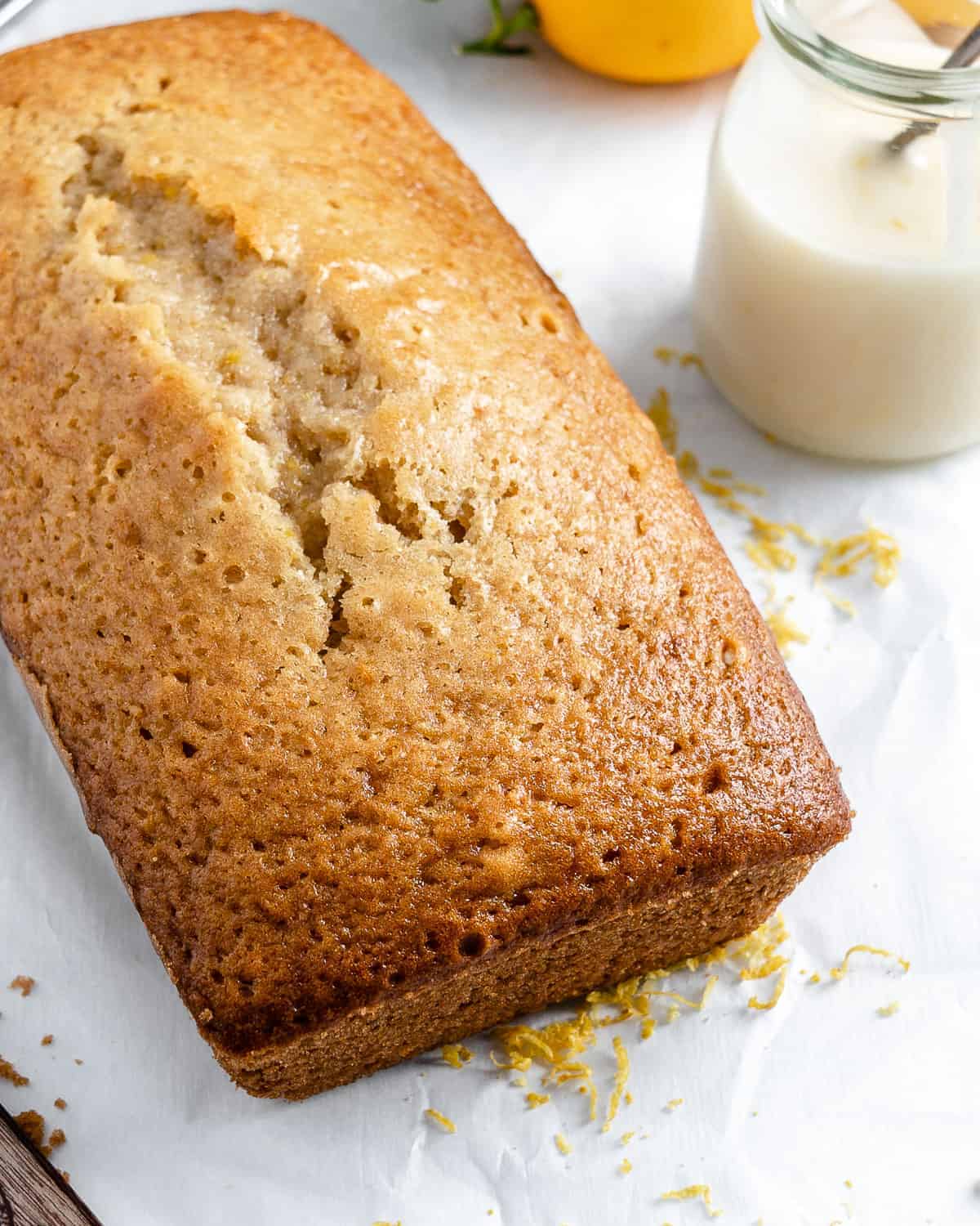 completed lemon loaf against a white background