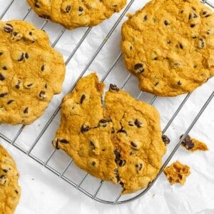 completed Vegan Pumpkin Chocolate Chip Cookies on a wire rack