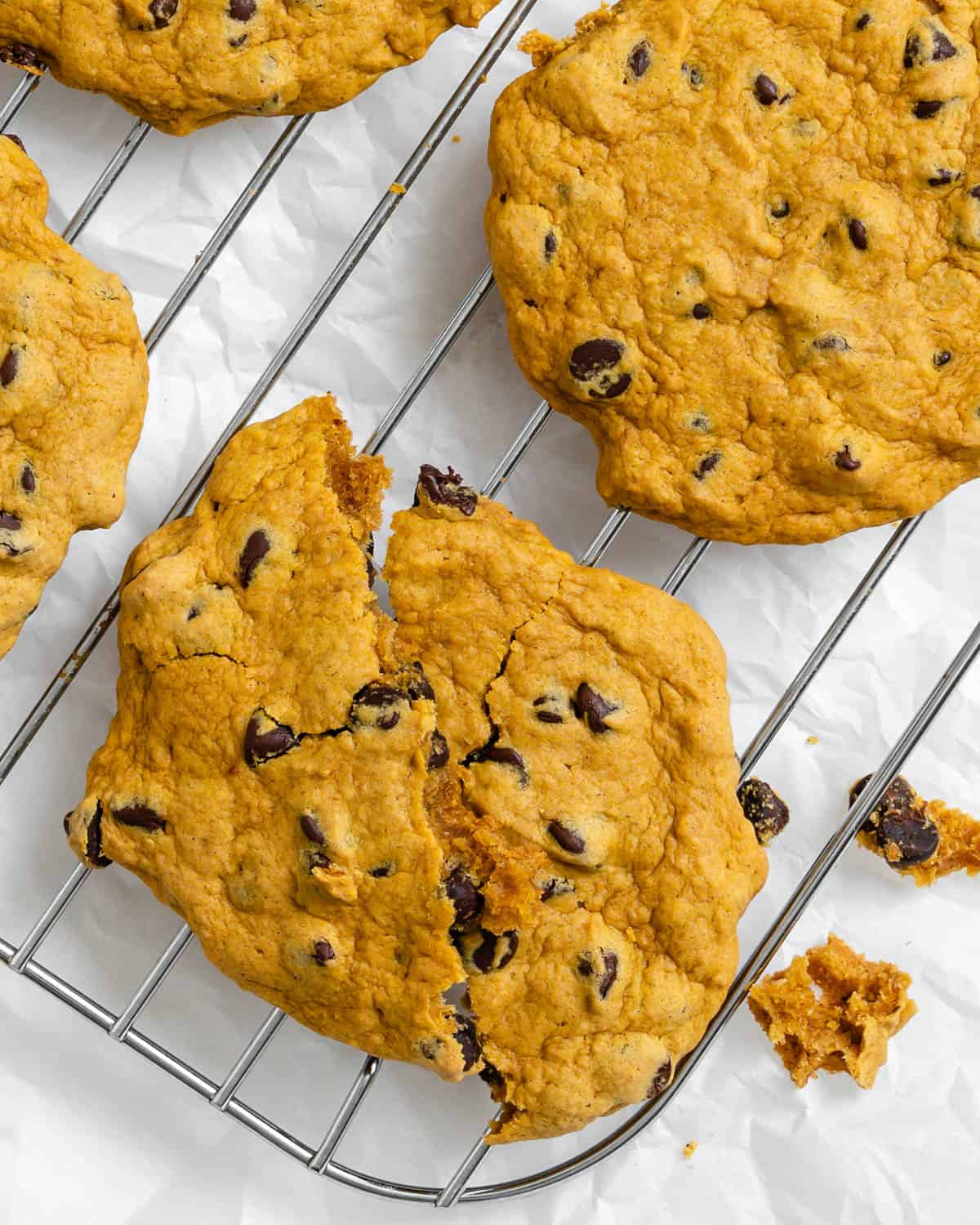 completed Vegan Pumpkin Chocolate Chip Cookies on a wire rack