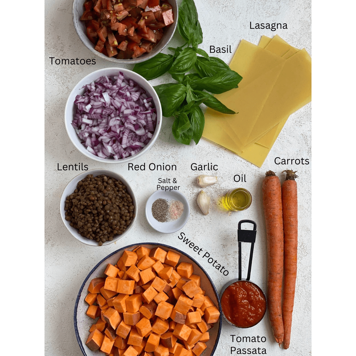 Sweet Potato Lasagna ingredients measured out against a light surface