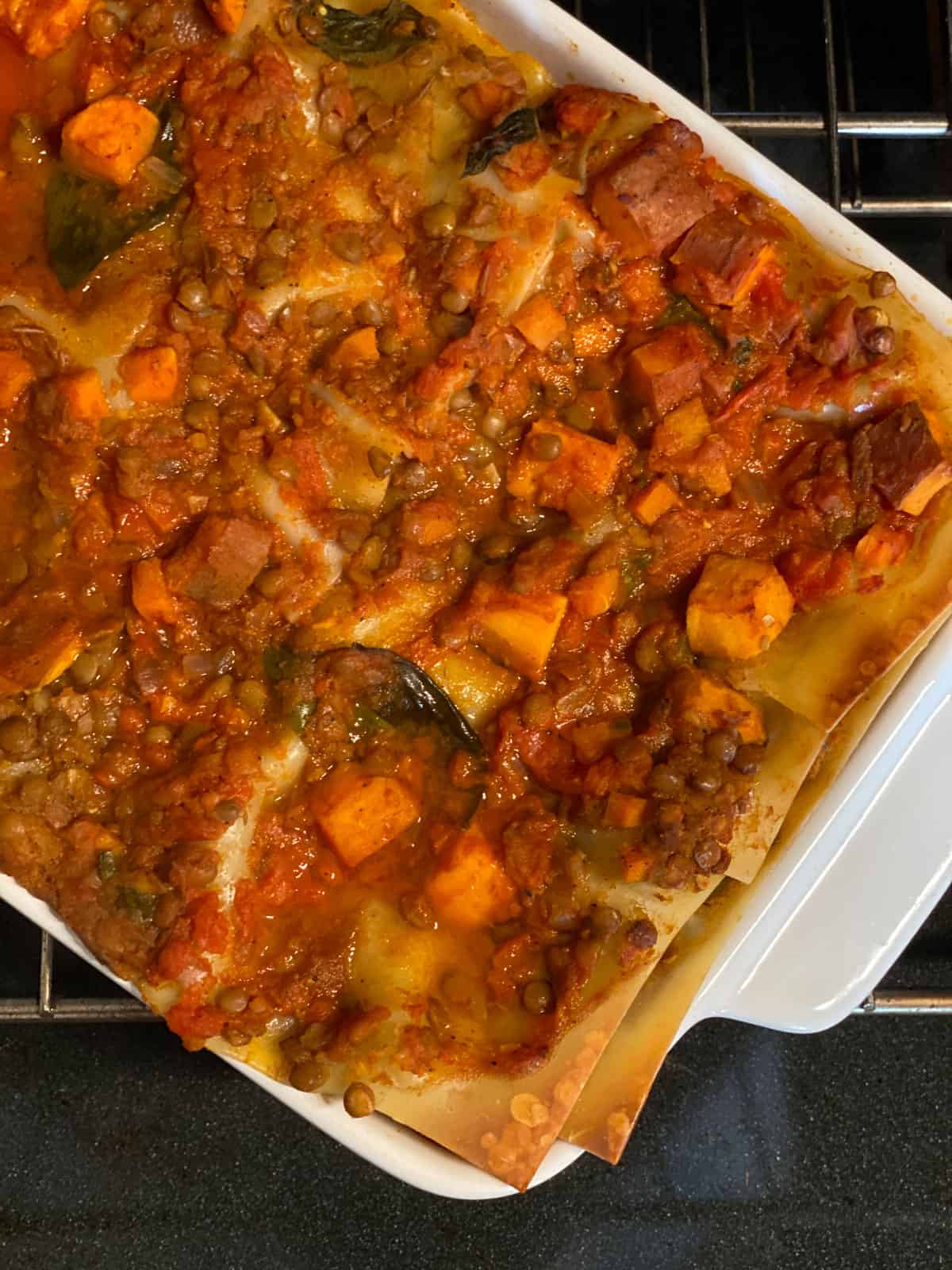 post baked lasagna in a baking tray