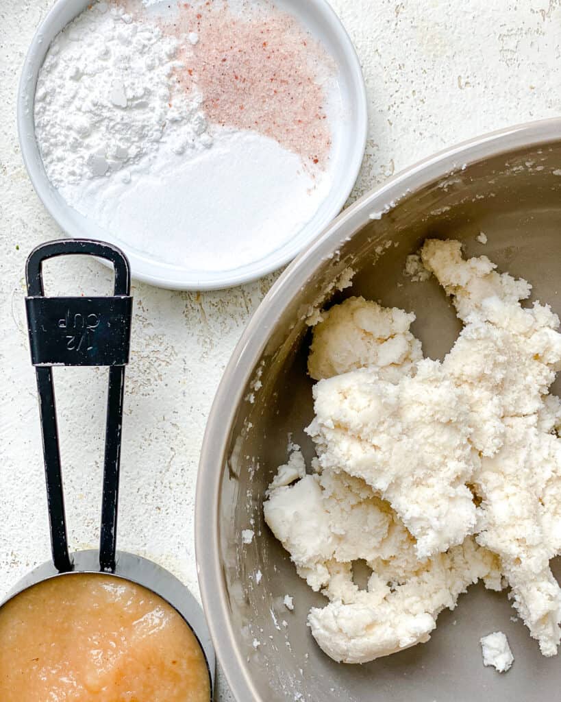 ingredients for Easy Vegan Banana Bread (With Applesauce) measured out against a white surface