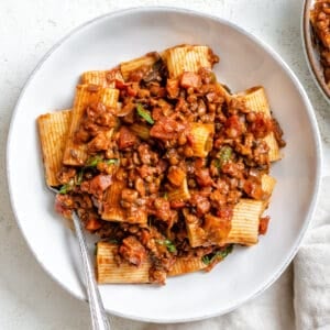 completed Vegan Lentil Bolognese plated on a white plate against a white background