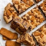 completed Vegan Biscoff Blondies against a white mixture