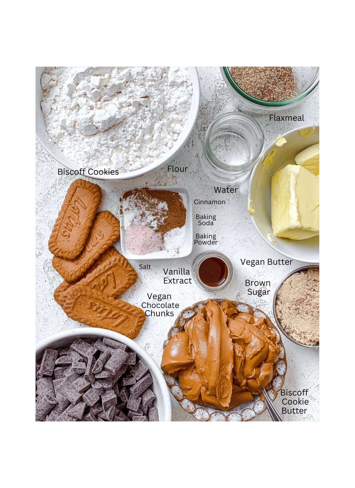 ingredients for Biscoff Blondies measured out against a white surface