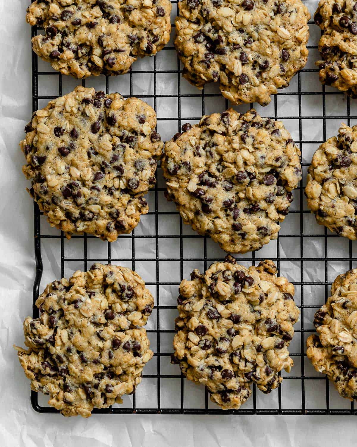 completed Vegan Oatmeal Chocolate Chip Cookies on a wire rack