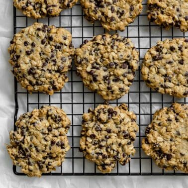 completed Vegan Oatmeal Chocolate Chip Cookies on a wire rack