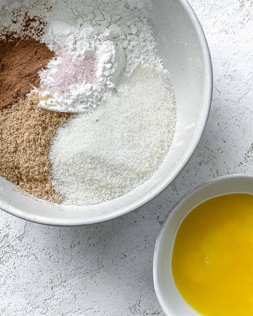 ingredients for The Best Vegan Apple Crumble measured out against a white surface