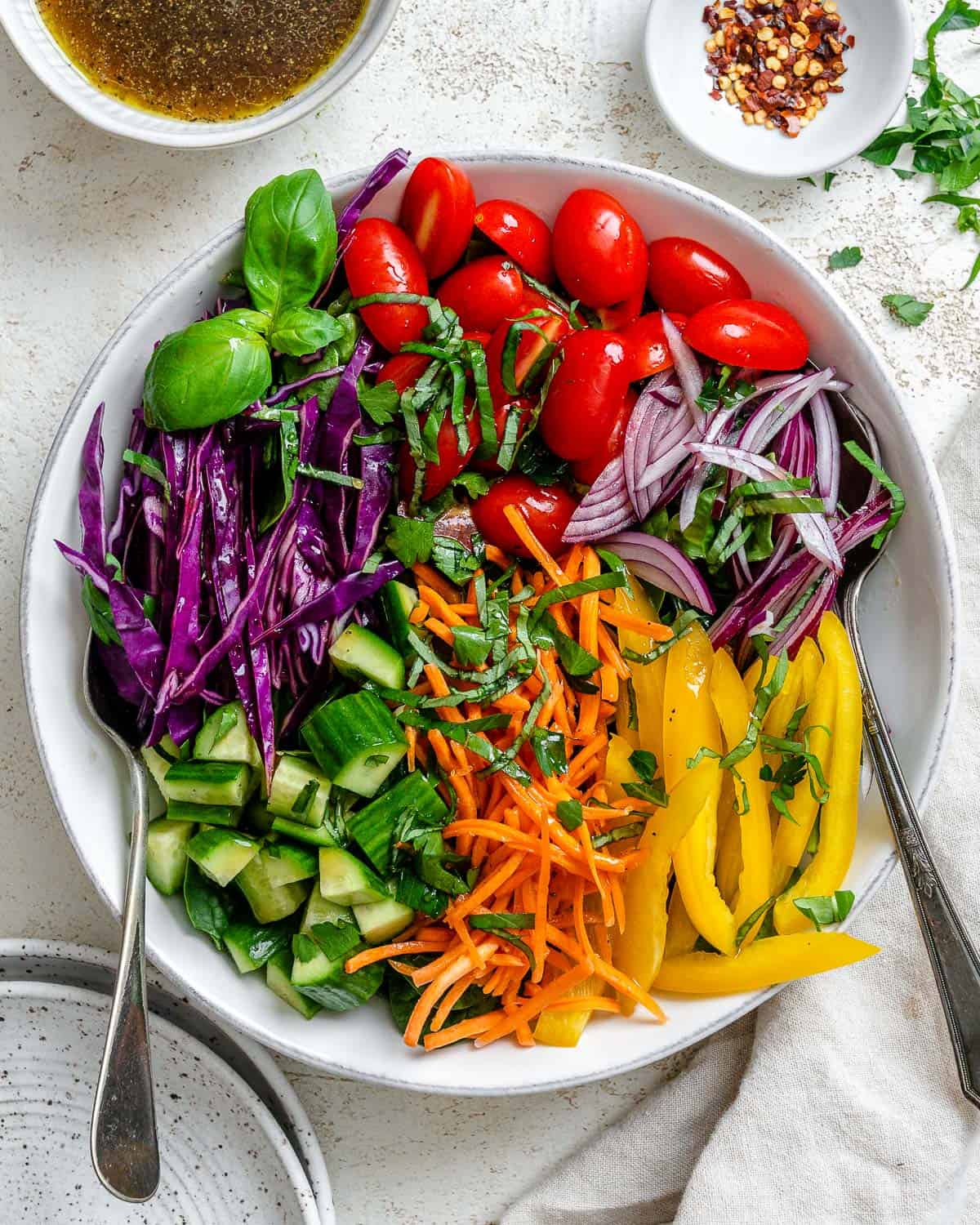 completed Rainbow Salad against a white surface