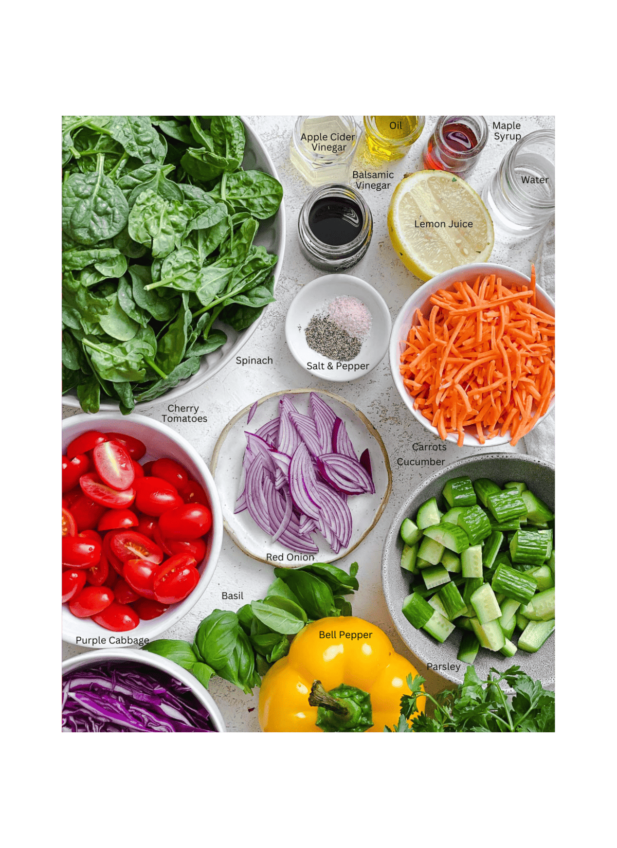 ingredients for Rainbow Salad measured out against a white surface