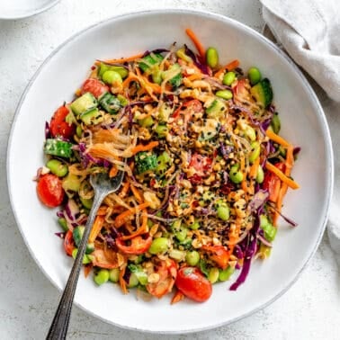 completed Thai Peanut Noodle Salad [Glass Noodle Salad] plated in a white bowl