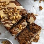 completed Coffee and Walnut Loaf Cake against a white surface