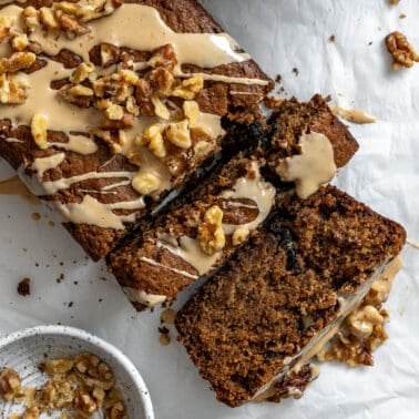 completed Coffee and Walnut Loaf Cake against a white surface