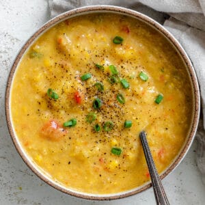 completed Corn Chowder in a bowl against a light surface