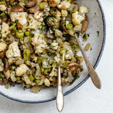 completed The Best Cauliflower Stuffing plated against a white background