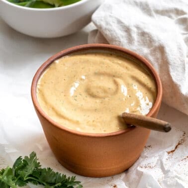 completed Vegan Chipotle Sauce [Taco Salad Dressing] against a white surface