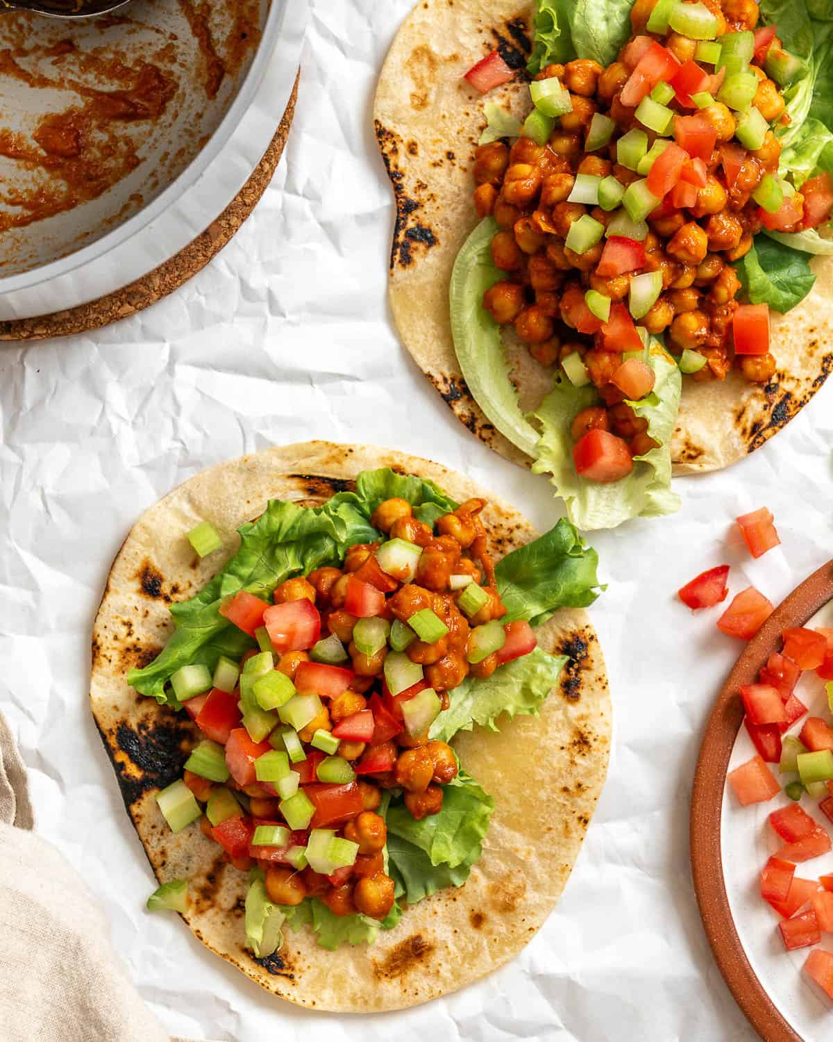 completed BBQ Chickpea Wraps on a white surface