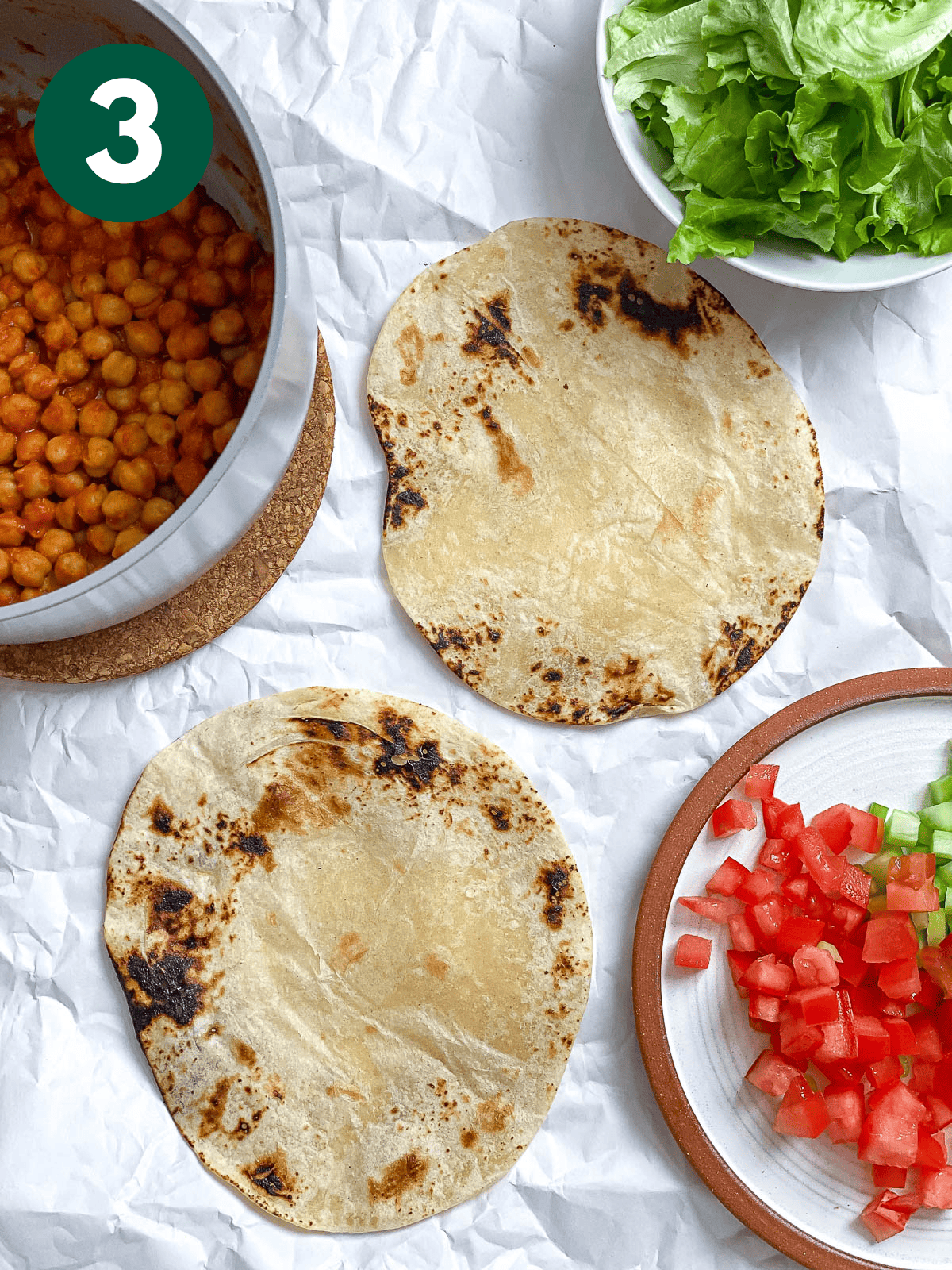 ingredients for BBQ Chickpea wraps measured on a white surface