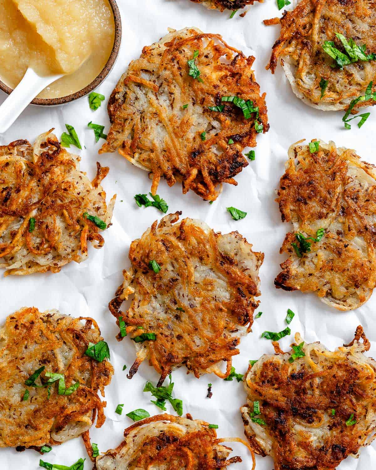 completed Vegan Potato Latkes on a white surface