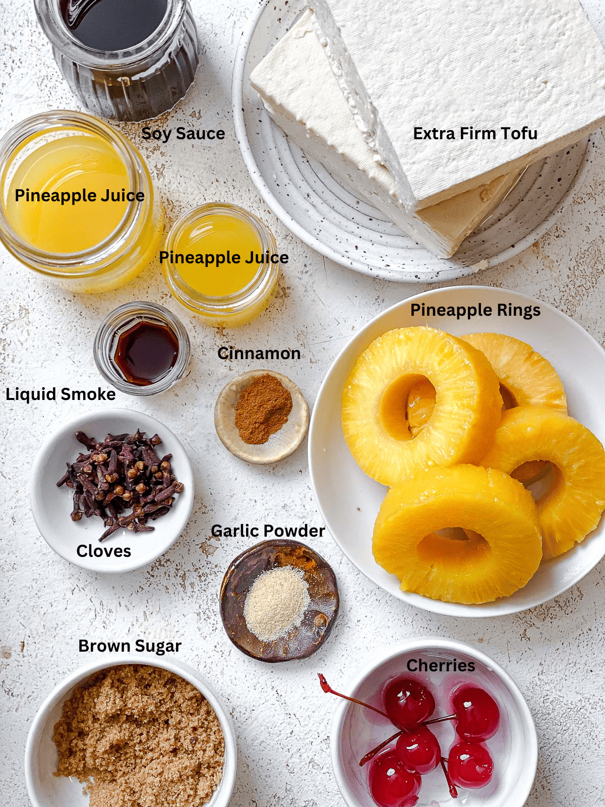 ingredients for Pineapple Glazed Tofu Ham on a white surface