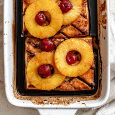 completed Pineapple Glazed Tofu Ham in a baking dish