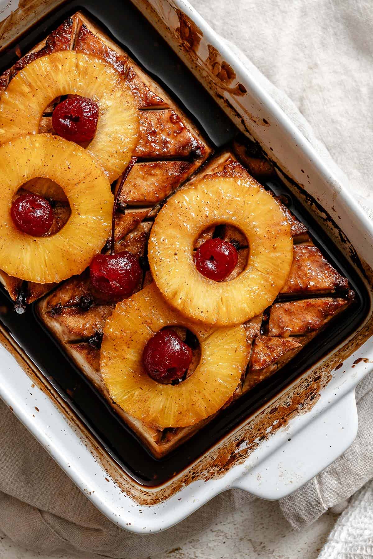 completed Pineapple Glazed Tofu Ham in a baking dish