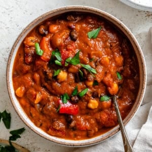 completed Vegan Pumpkin Chili [Crockpot + Stove] on a white surface