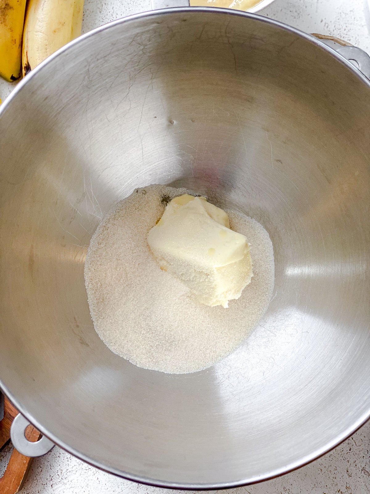 process shot showing sugar and butter in bowl