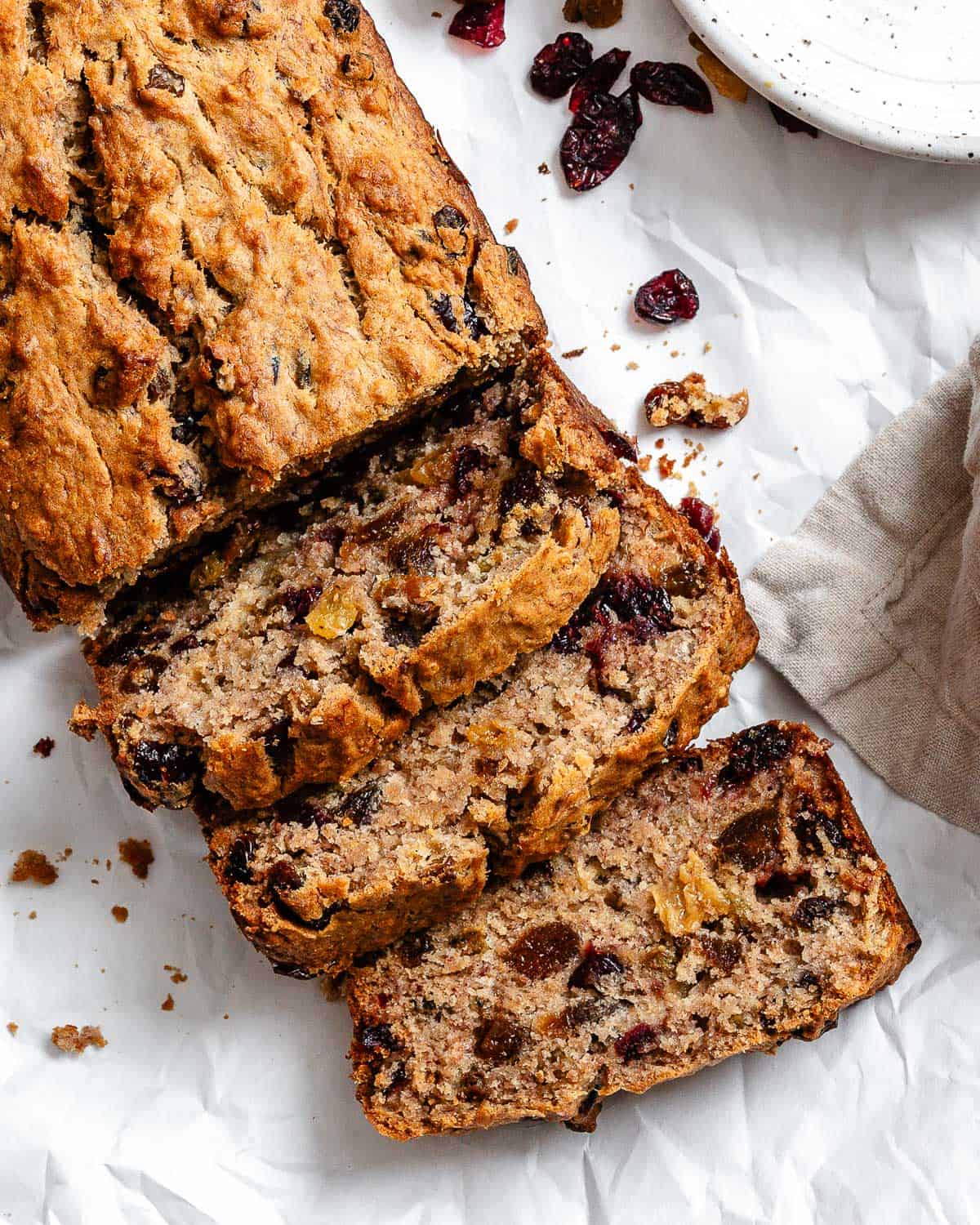 completed Vegan Fruit Cake [Fruit Loaf] on a white surface