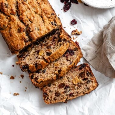 completed Vegan Fruit Cake [Fruit Loaf] on a white surface