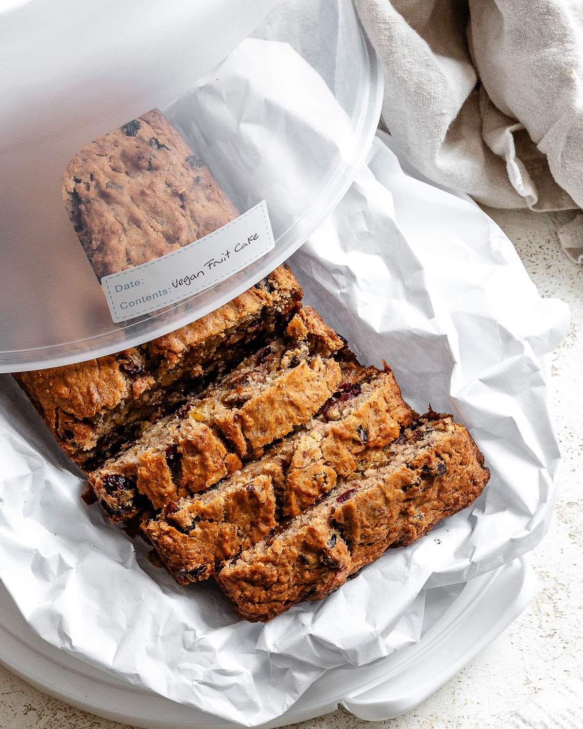 completed Vegan Fruit Cake [Fruit Loaf] on a white surface